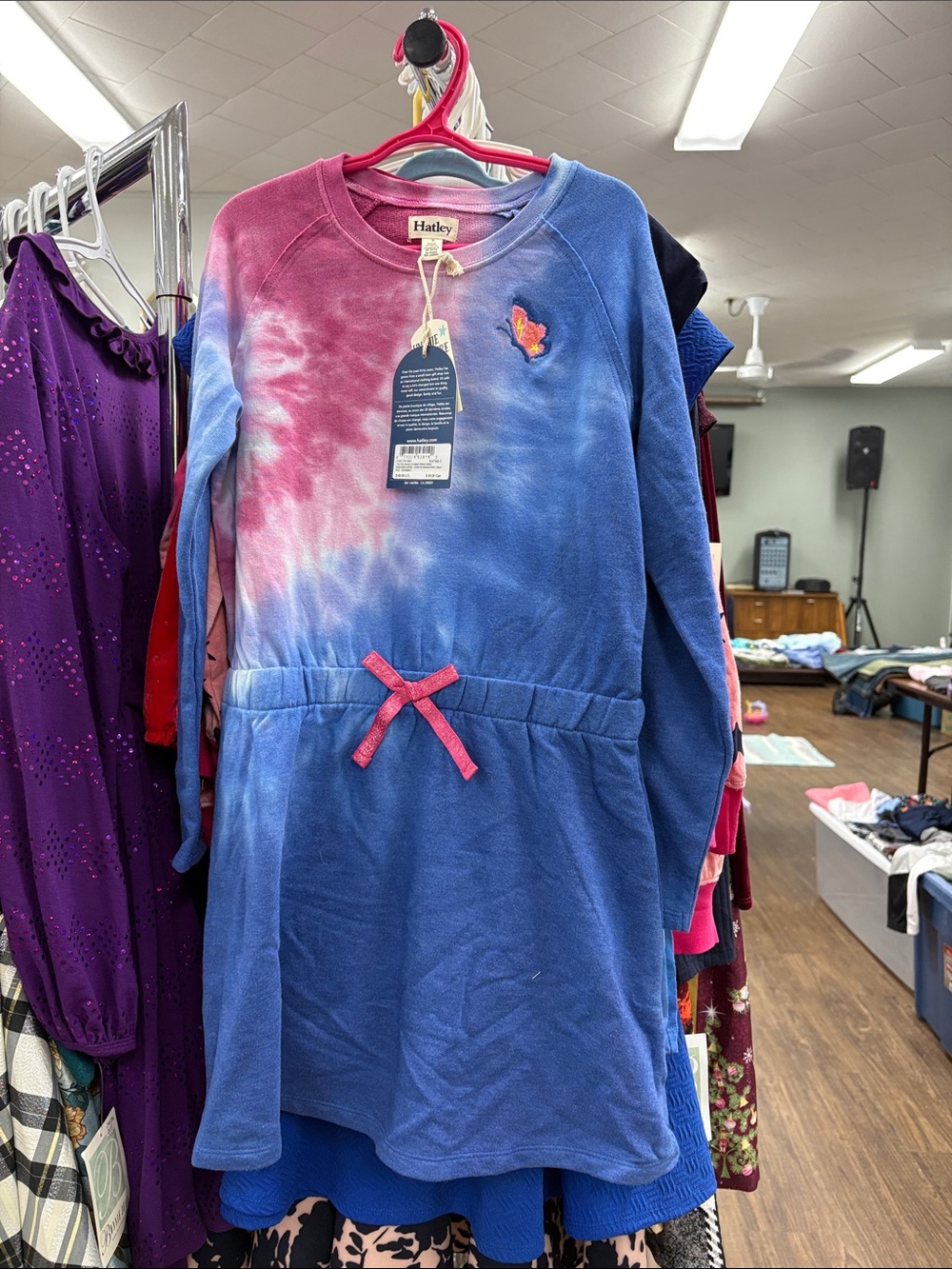 Hatley Girls' Blue & Pink Tie-Dye Sweatshirt Dress with Bow